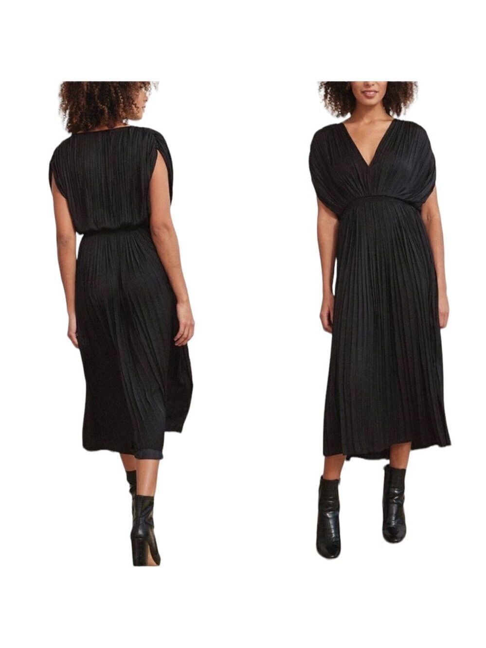 RW&CO. Satin Sleeveless V-Neck Pleated Midi Dress Curved Hem Black XS